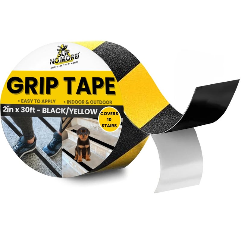 Slip No More! Grip Tape - Heavy Duty Hazard Tape Roll - Black and Yellow 2in x 30ft. Waterproof, Non Skid Tape for Stairs & Ramps. Yellow Caution Floor Tape for Indoors/Outdoors. Friction Tape Covers 10 Stairs. - Image 1